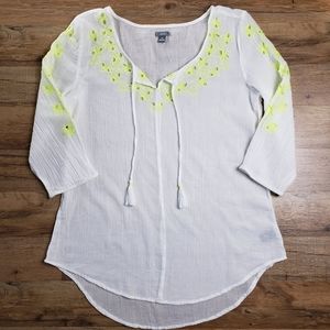 NWOT Women's Sheer White & Neon Yellow Floral Blouse Aerie Size Small